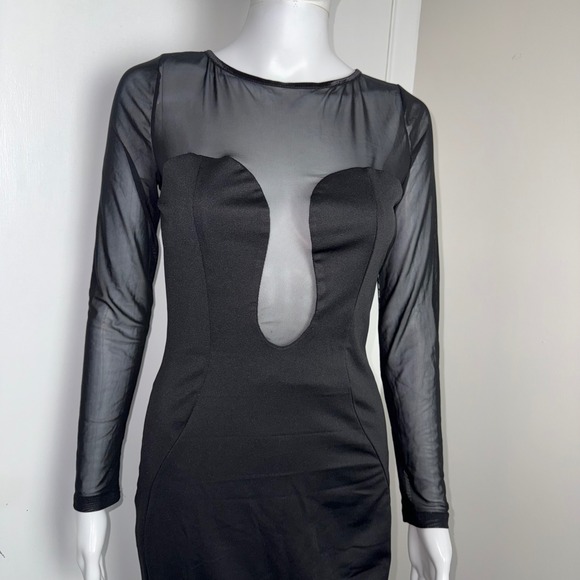 Commense Black Sheer Mesh Long Sleeve Bodycon Midi‎ Dress Cut Out Party Size M - Picture 4 of 17